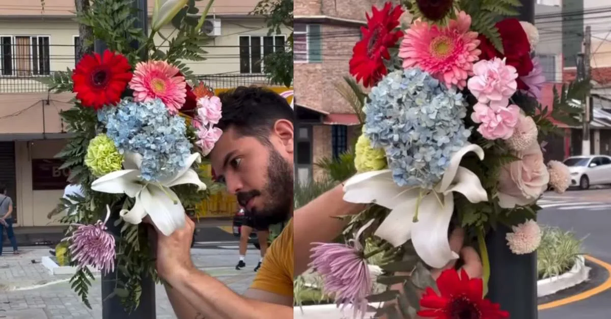 Flores ocupam postes da Romulo Maiorana em ação de floricultura de Belém